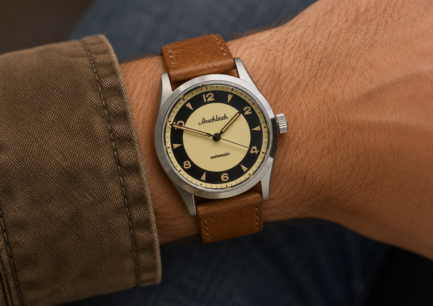 Aeschbach 1950s Pattern 25 Jewel Automatic, 200m Water Resistant Watch with Retro Luminous Paint, Sapphire Crystal & Calf Leather Strap