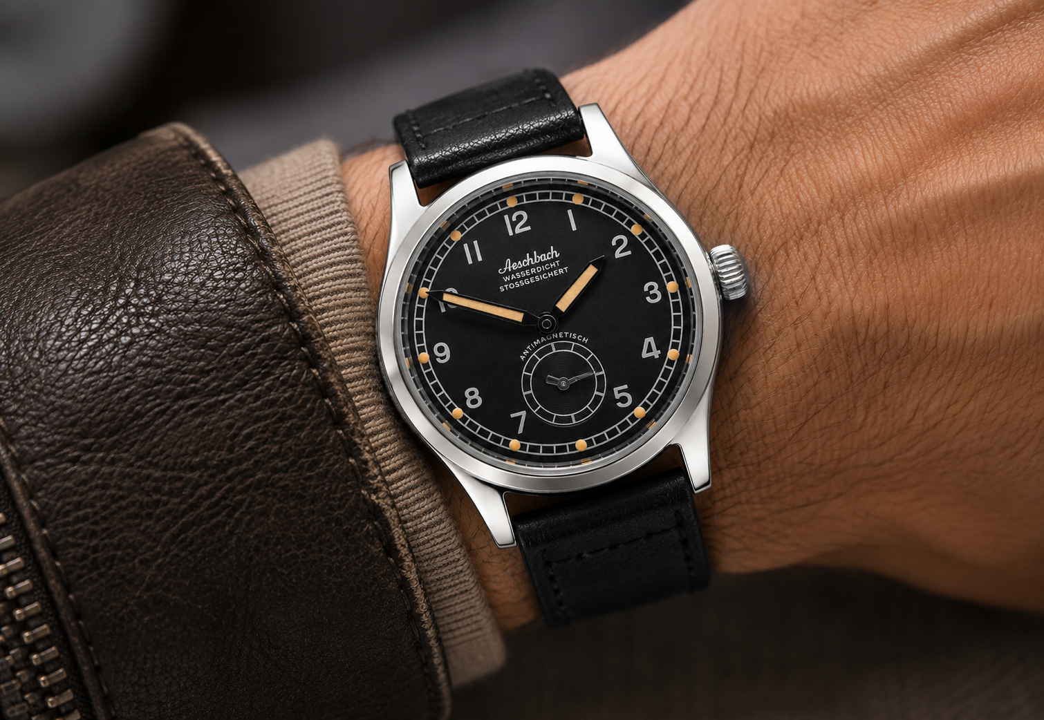 Aeschbach WW2 Pattern Germany Luftwaffe / Reichsluftfahrtministerium (RLM) Pilots Watch with an Automatic Swiss 31 Jewel Sellita SW260 Movement and a Domed Vintage Box Sapphire Crystal