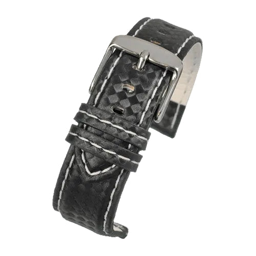 22mm Premium Black Carbon Fibre Watch Strap with White Stitching