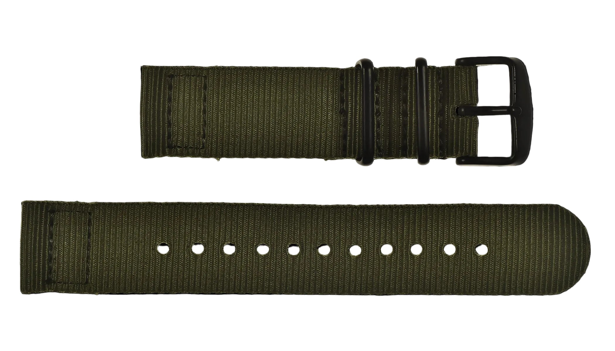 2 Piece 18mm Olive NATO Military Watch Strap in Ballistic Nylon with Black PVD Fasteners