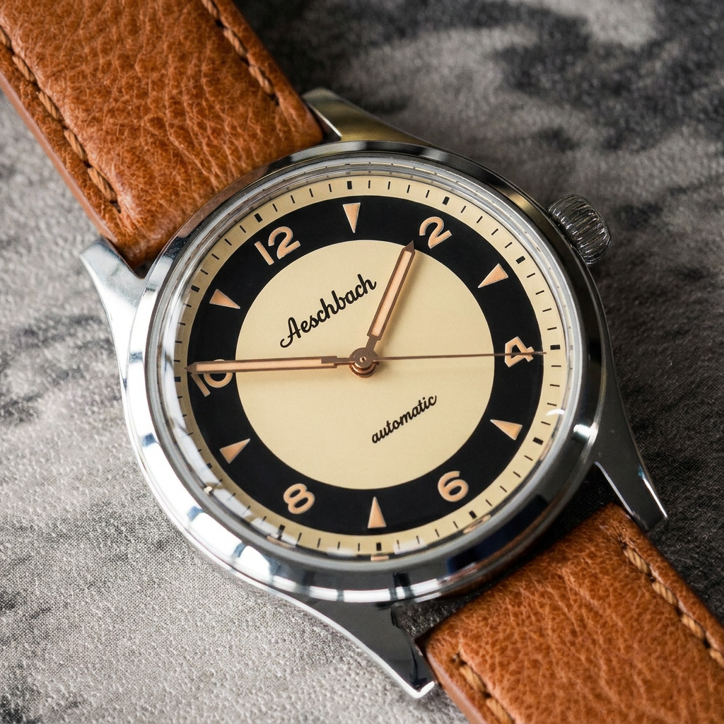 Watch with brown leather strap and black dial on a textured surface