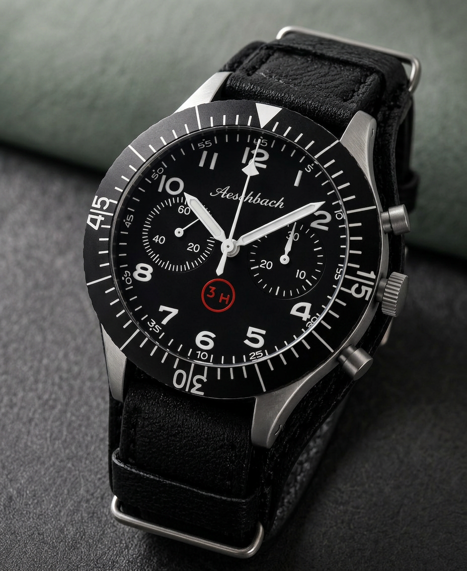 Black watch with detailed face on a dark background