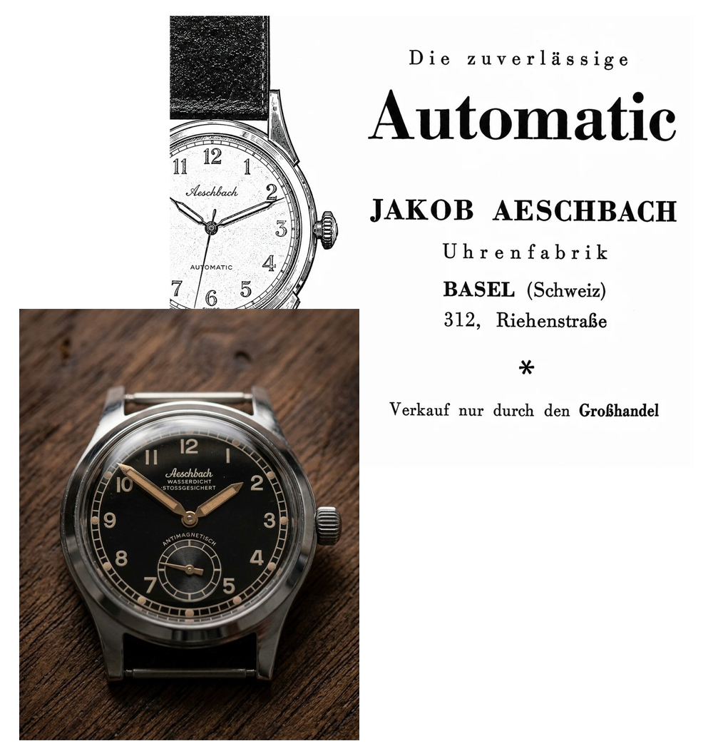 Two watches displayed with text about Jakob Aeschbach Uhrenfabrik from Basel, Switzerland.