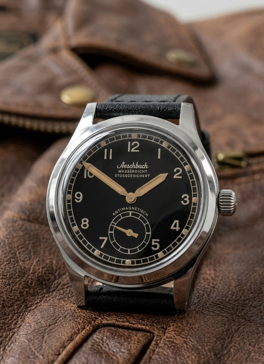 Aeschbach WW2 Pattern Germany Luftwaffe / Reichsluftfahrtministerium (RLM) Pilots Watch with a 23 Jewel Swiss Sellita SW216 Movement and a Domed Vintage Box Sapphire Crystal