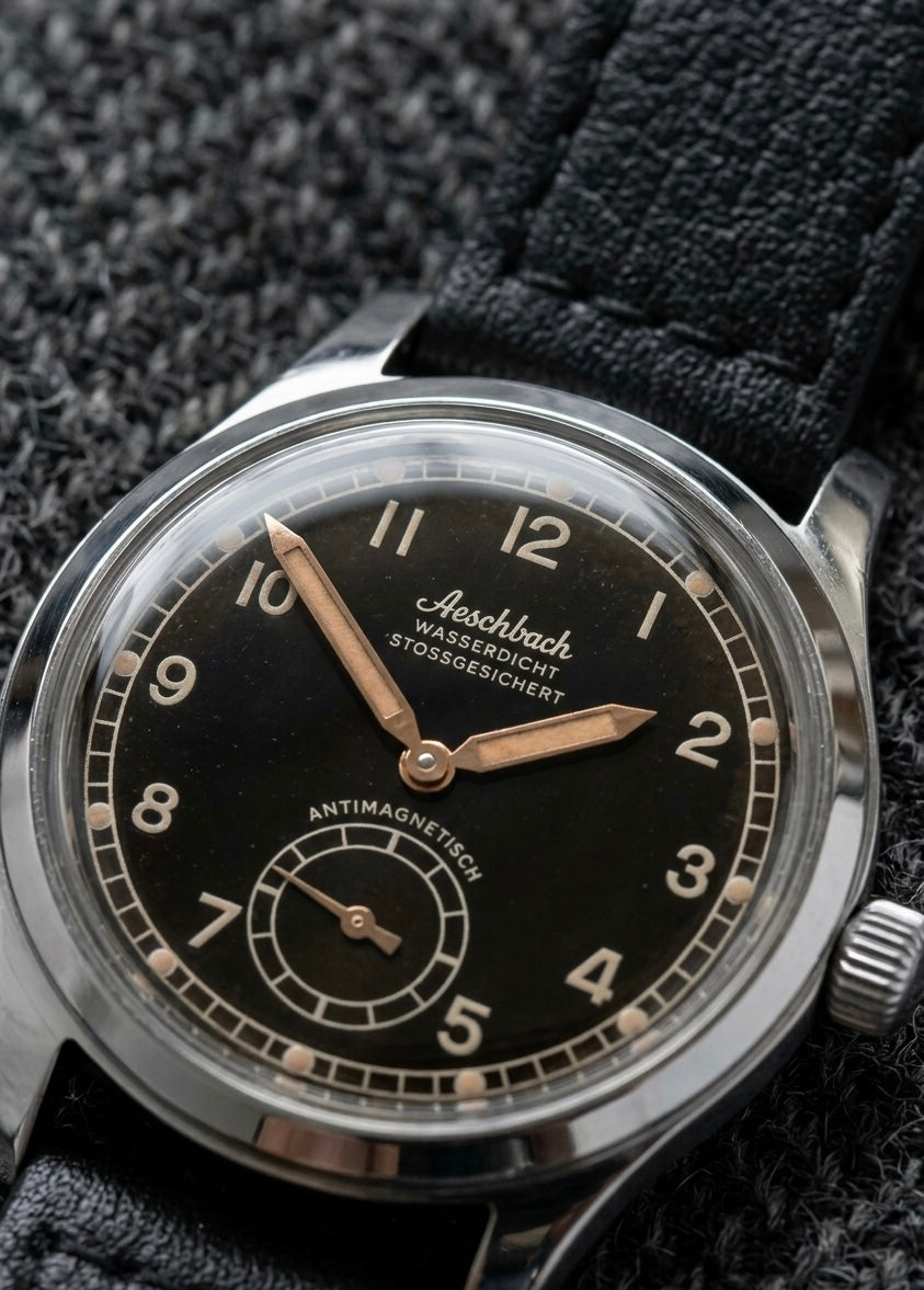 Aeschbach WW2 Pattern Germany Luftwaffe / Reichsluftfahrtministerium (RLM) Pilots Watch with a 23 Jewel Swiss Sellita SW216 Movement and a Domed Vintage Box Sapphire Crystal