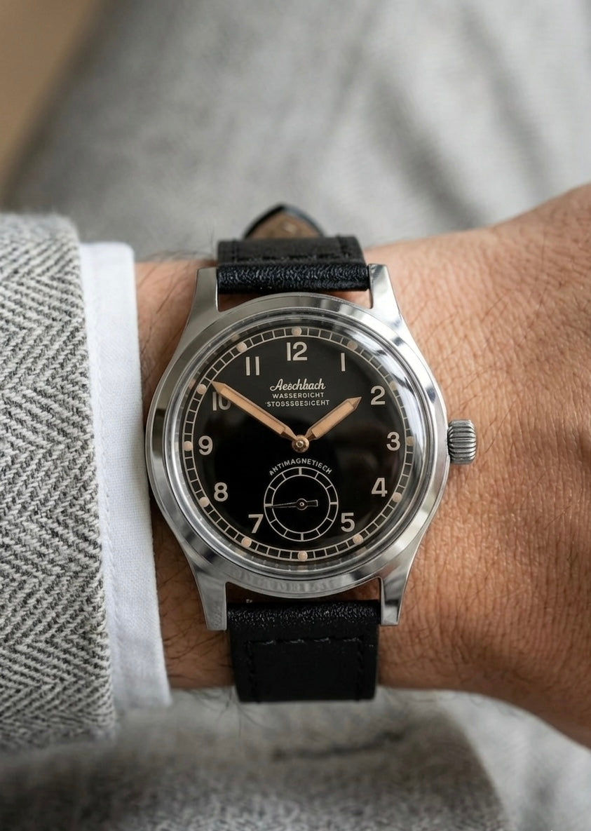 Aeschbach WW2 Pattern Germany Luftwaffe / Reichsluftfahrtministerium (RLM) Pilots Watch with a 23 Jewel Swiss Sellita SW216 Movement and a Domed Vintage Box Sapphire Crystal