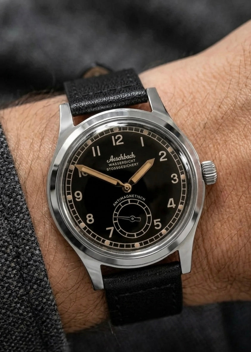 Aeschbach WW2 Pattern Germany Luftwaffe / Reichsluftfahrtministerium (RLM) Pilots Watch with a 23 Jewel Swiss Sellita SW216 Movement and a Domed Vintage Box Sapphire Crystal