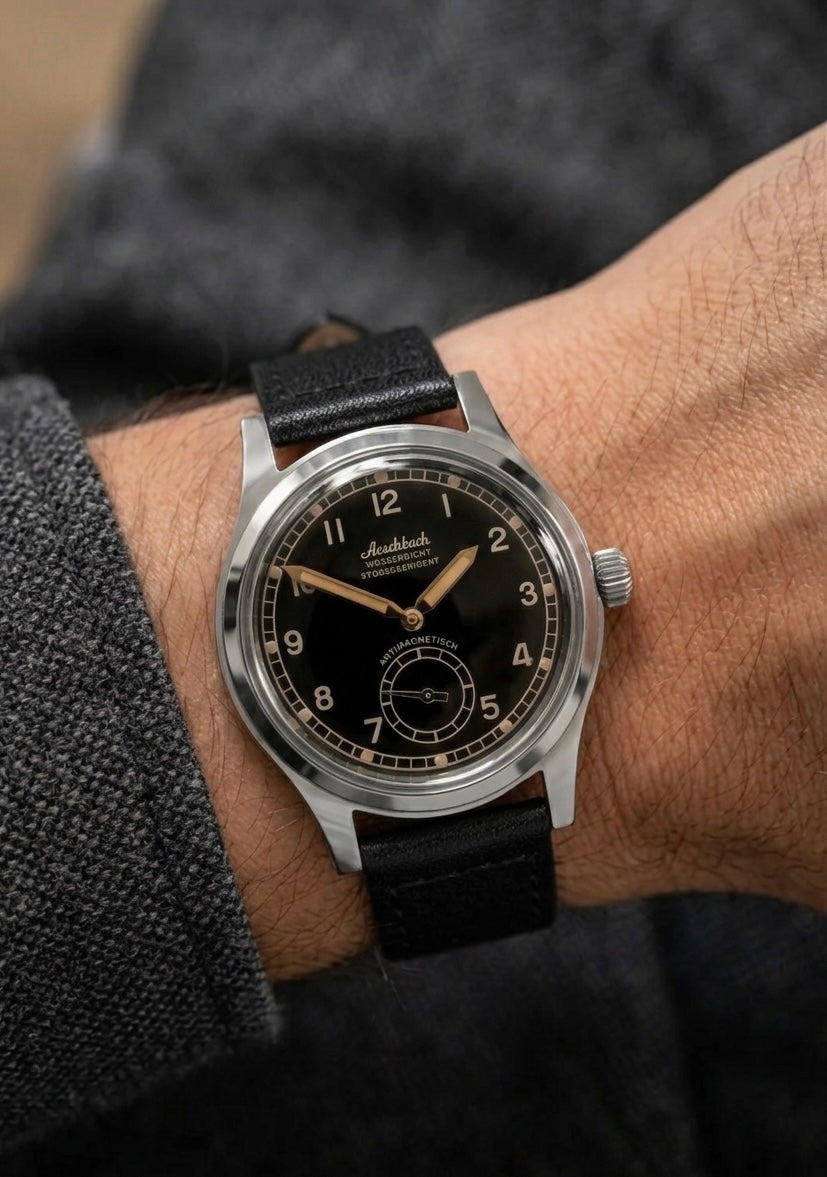 Aeschbach WW2 Pattern Germany Luftwaffe / Reichsluftfahrtministerium (RLM) Pilots Watch with a 23 Jewel Swiss Sellita SW216 Movement and a Domed Vintage Box Sapphire Crystal