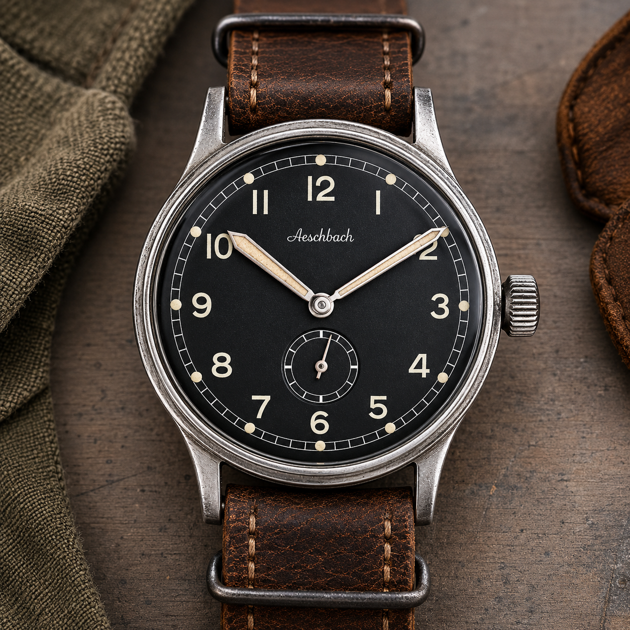 Vintage-style watch with brown leather strap on a textured surface