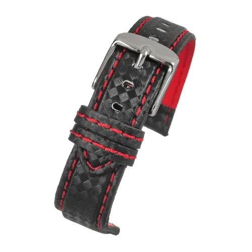 24mm Premium Black Carbon Fibre Watch Strap with Red Stitching