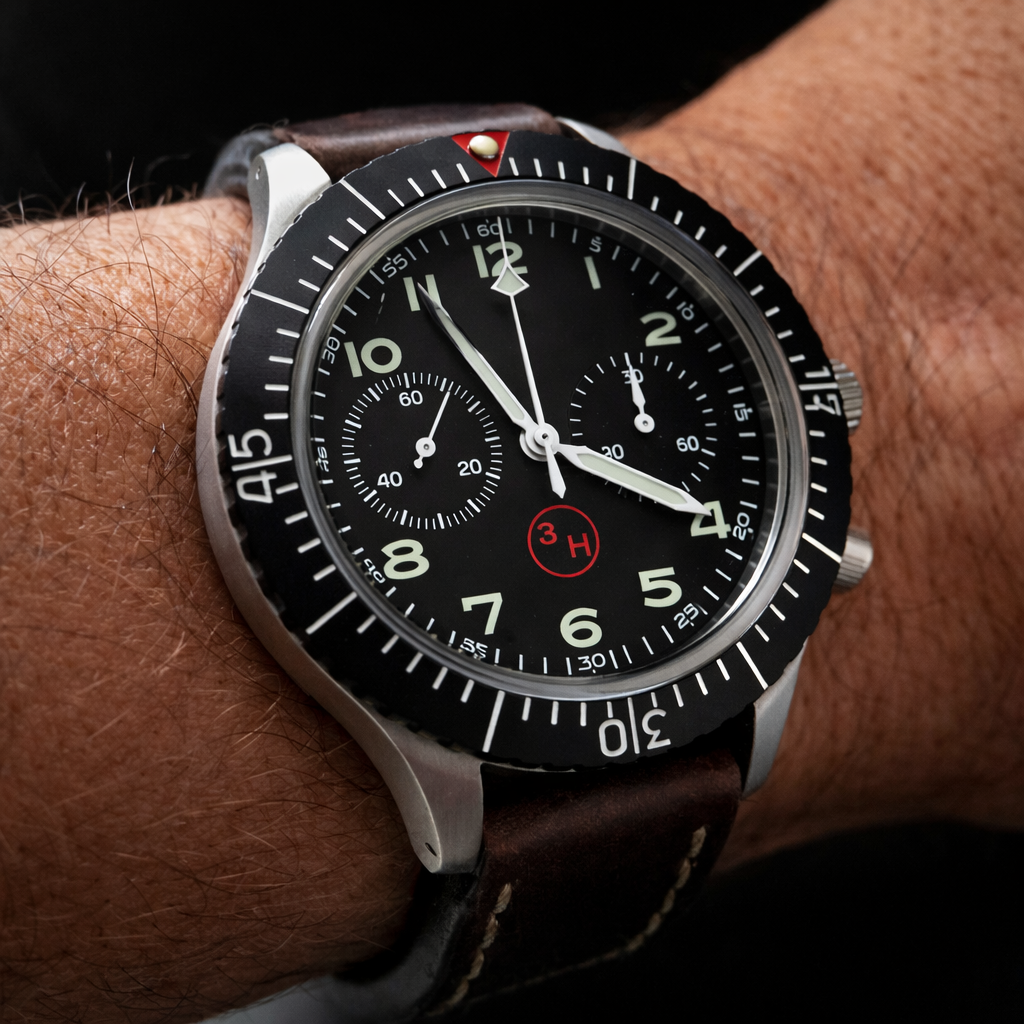 Close-up of a wrist wearing a watch with a black dial and brown leather strap.