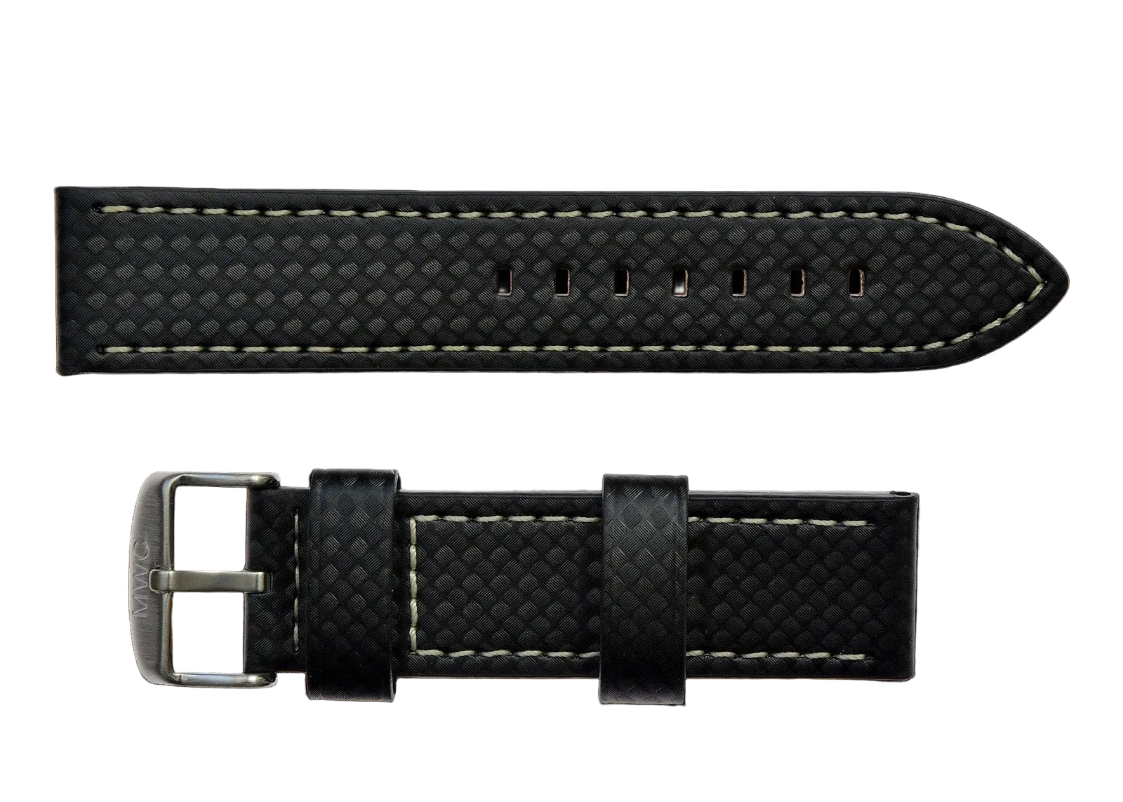 22mm MWC Branded Black Carbon Fibre Effect Leather Watch Strap