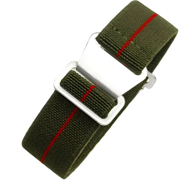 20mm Elasticated French Navy and Special Forces Strap in Green with a Red Stripe