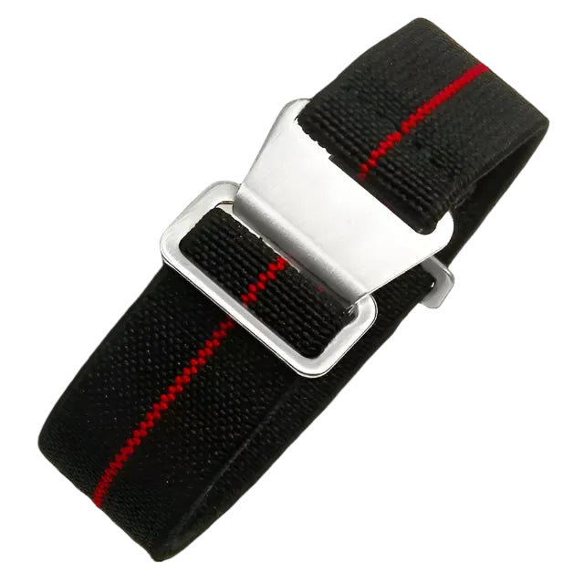 20mm Elasticated French Navy and Special Forces Strap in Black with a Red Stripe