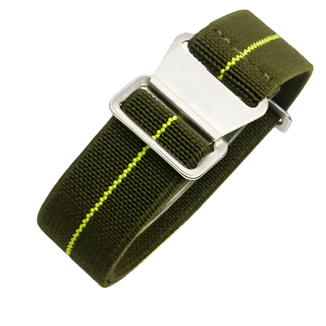 18mm Elasticated French Navy and Special Forces Strap in Green with a Yellow Stripe