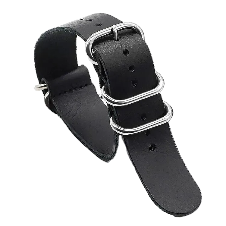 24mm Black High Grade Saddle Leather Zulu Military Watch Strap