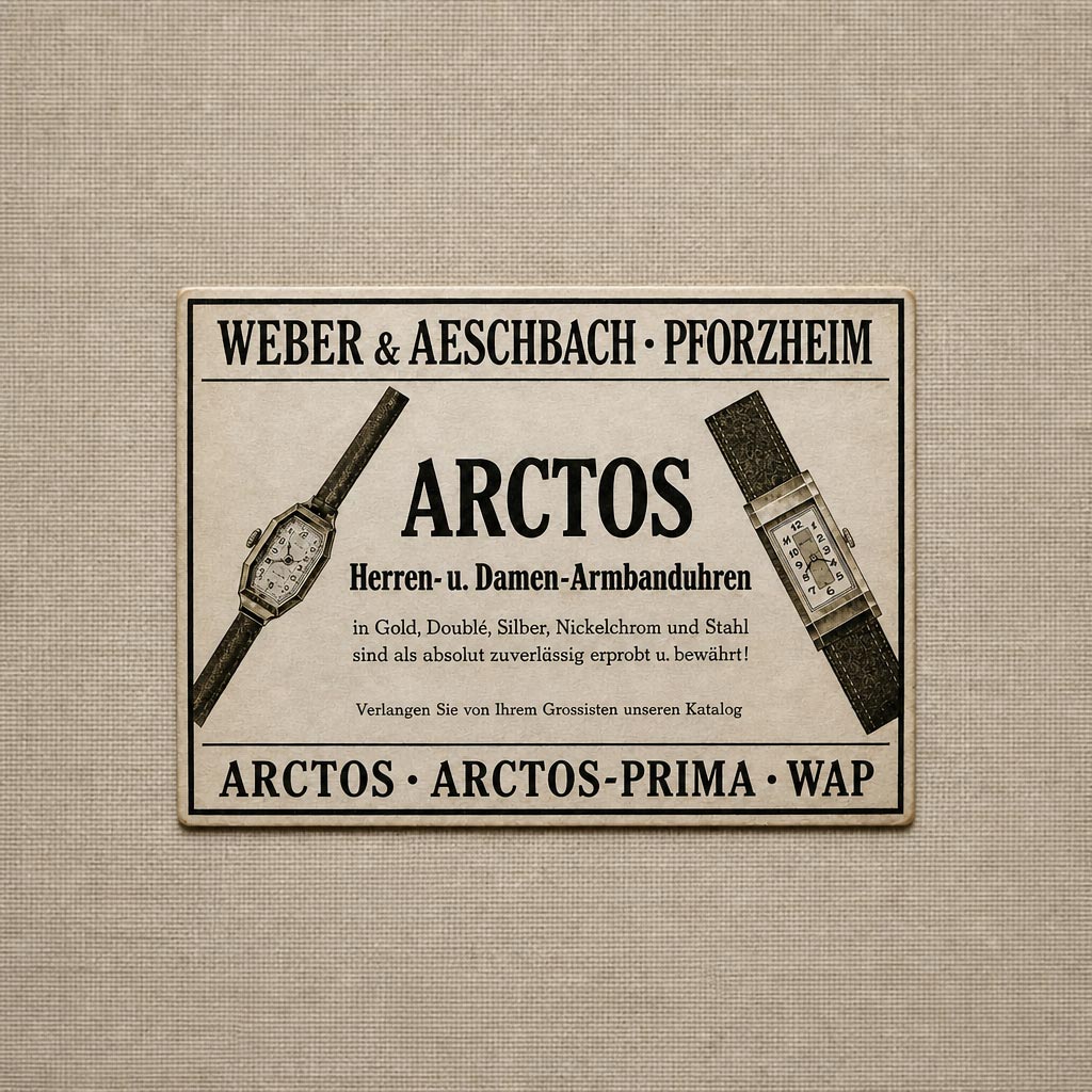 Vintage advertisement for Arctos watches by Weber & Aeschbach from Pforzheim on a textured beige background.