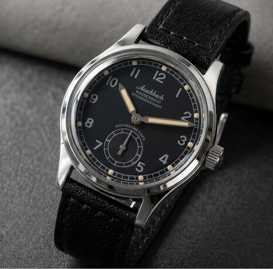 Vintage watch with black dial and leather strap on a dark background