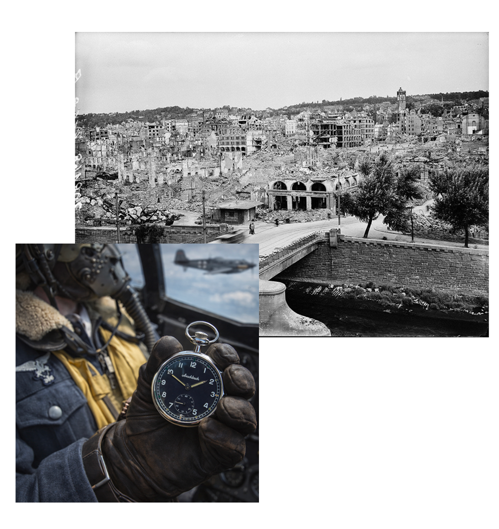 Collage of a cityscape, a person holding a pocket watch, and a scenic view.